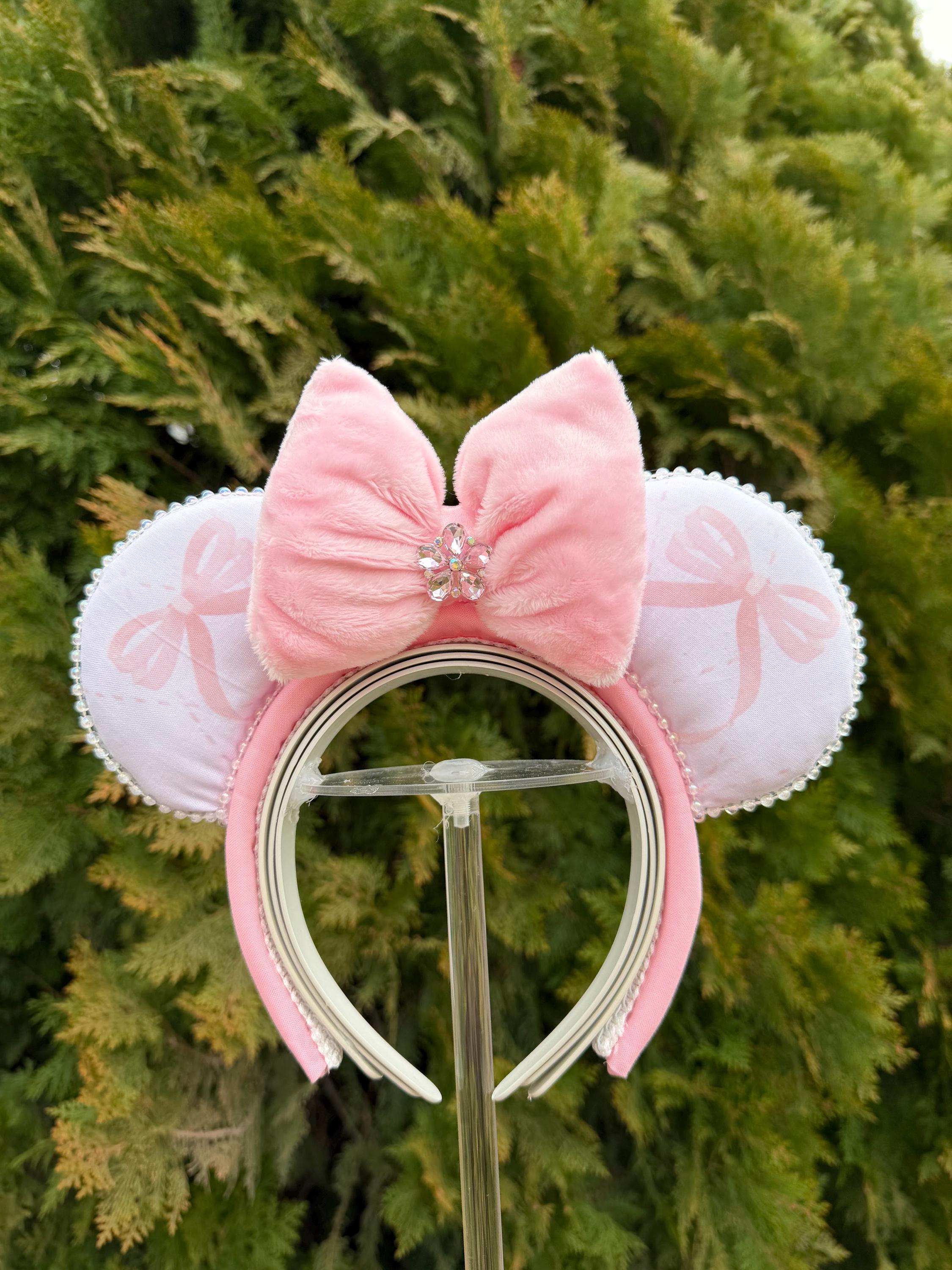 可愛いピンクのリボンのディズニー耳｜ハンドメイドのマウス耳ヘッド