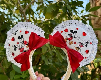 Sweethearts Mickey Minnie Mouse Ears | Ruffle Lace Disney Headband | Cute Hearts & Red Bow | Light Up Ears