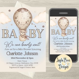Blue Bear Baby Shower Invitation: Air Balloon Design (Digital Download)