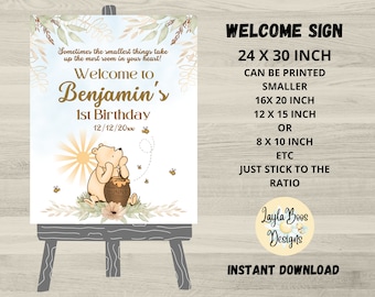 Blau Winnie Puuh Geburtstag Willkommensschild (Digitaler Download)