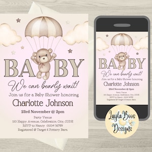 Pink Bear Baby Shower Invitation: Parachute Theme (Digital Template)