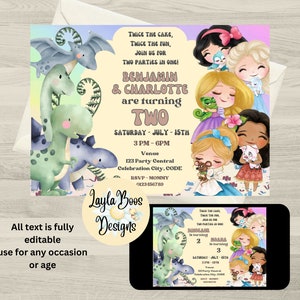 May include: An invitation design featuring cartoon dinosaurs and princesses. The invitation includes the text "Benjamin & Charlotte are turning TWO" and event details. The design is fully editable for any occasion or age.