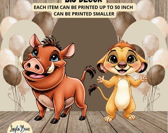 Sagoma di Timon e Pumbaa, grande decorazione a tema Re Leone, oggetto di scena stampabile da esporre in piedi