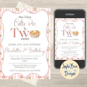 Cutie Pie 2nd Birthday Invite, Peach Two Cute Birthday Evite, Peach Pie 2nd Birthday Invite and Thank You Card, Instant Download