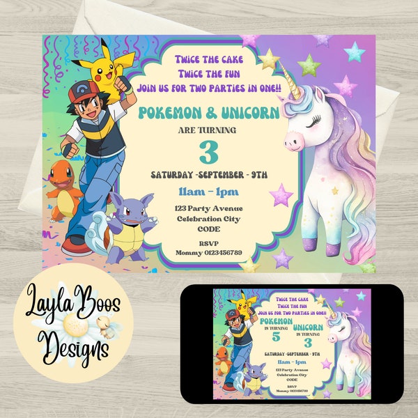 Twins Pokémon and Unicorn Birthday Invitation, Siblings Unicorn and Pokemon Birthday Invite, Printable or Electronic