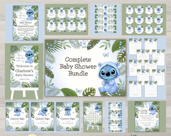 Paquete completo para baby shower con temática tropical, plantillas imprimibles, descarga digital.