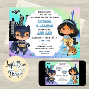 Bat Boy and Jasmine Twin Birthday Invitation, Hero and Princess Invite, Siblings Birthday, Twins Birthday