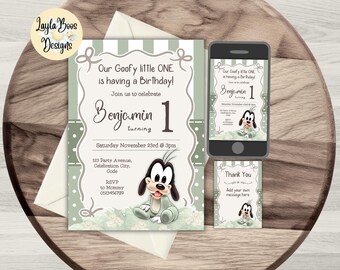Goofy 1st Birthday Invitation: Dog, Puppy, Sage, Stripes, Boys, Template (Digital Download)