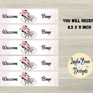 May include: Pink and white baby shower banner with Minnie Mouse illustrations. The banner reads "Welcome Baby" and includes the text "You will receive 8.5 x 11 inch". The design features a light pink background with white stars.