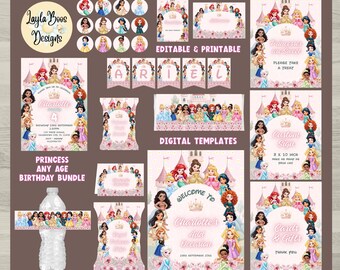 Watercolor Princess Birthday Party Decorations Complete Bundle Editable Printable Templates, Digital Download