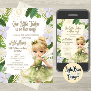 May include: A baby shower invitation featuring a Tinkerbell-like fairy with blonde hair and a green dress. The invitation has a green, white, and yellow floral border and the text "Our Little Tinker is on her way!"  Join us for a Baby Shower honoring Add Name 23RD November @ 2PM. VENUE 123 PARTY LANE CELEBRATION CITY CODE REGISTERED POTTERY BARN & TARGET RSVP TO NANCY 01234 56789