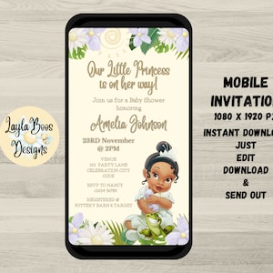 Tanned Girls Baby Shower Mobile Text Invitation, Princess and Frog Baby Shower Electronic Invite, Tiana Baby Shower Evite
