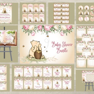 Paquete de baby shower de Winnie The Pooh para niñas, paquete de invitación de baby shower de oso Pooh para niñas, baby shower de Winnie