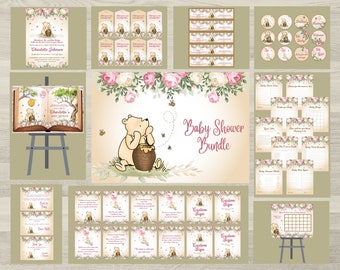 Girls Winnie the Pooh Baby Shower Invitation Bundle (Digital Templates)