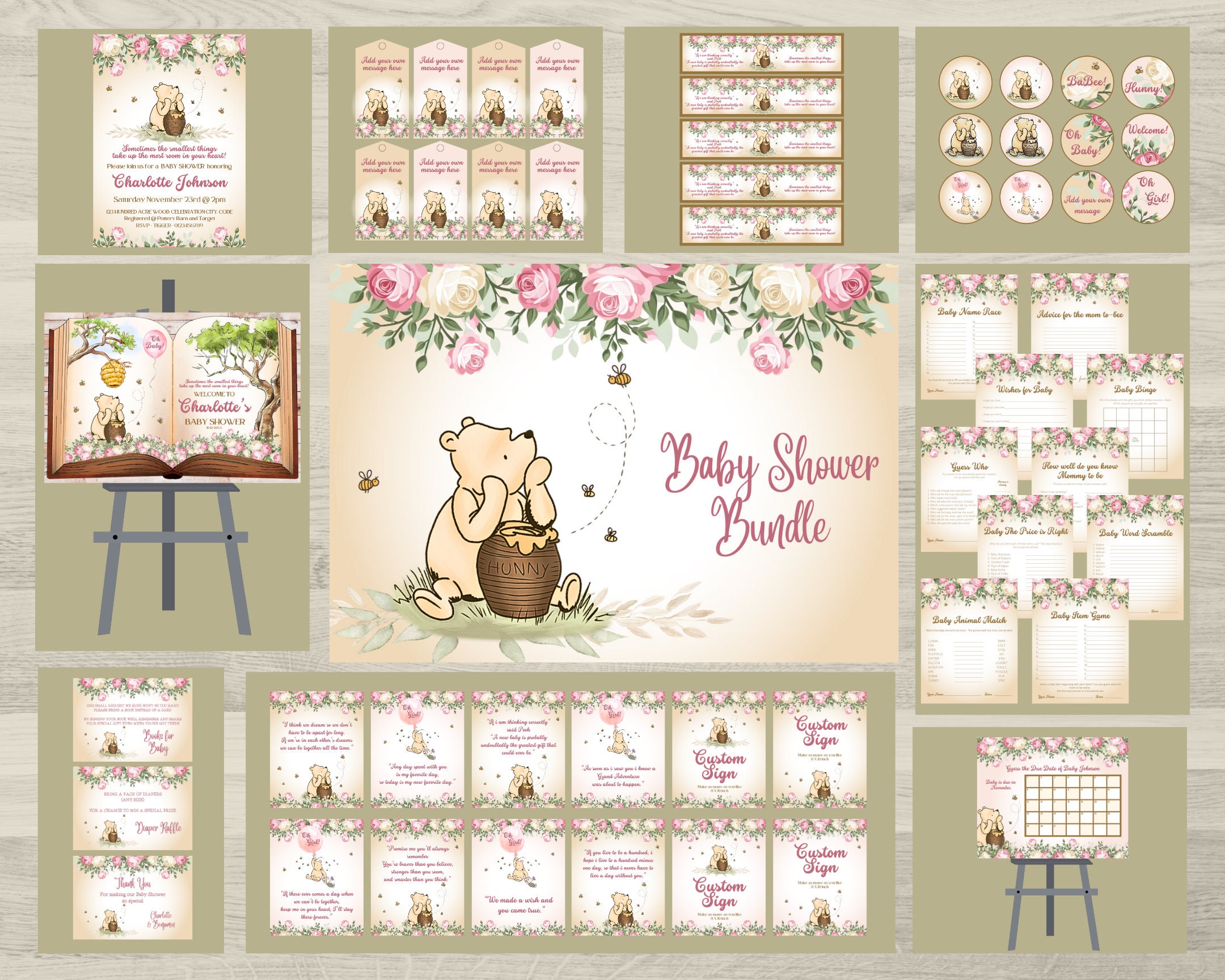 Girls Winnie the Pooh Baby Shower Invitation Bundle (Digital Templates)