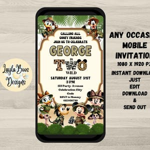 Two Wild Mickey Safari Evite: Digital Birthday Invitation (Mobile Text & Thank You Included)