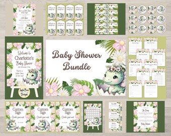 May include: A baby shower printable bundle featuring a cute green dinosaur with pink flowers. The bundle includes a welcome sign, custom signs, food labels, games, and a thank you card. The theme is "There's a Little Dino on her way!"