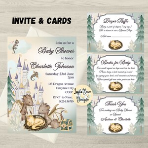 Paquete de invitación de baby shower de dragón neutral de género, tarjeta de rifa de pañales de dragón, libros de dragón para bebé, tarjeta de agradecimiento de dragón
