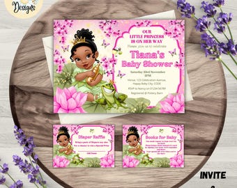 Pink Tiana Baby Shower Invitation Bundle, Diaper Raffle, Books for Baby Cards (Digital Templates)