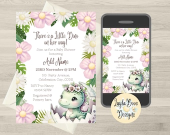 Floral Dinosaur Girl Baby Shower Invitation (Digital Template)