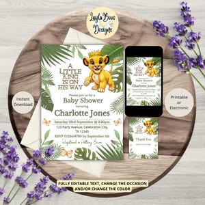 May include: Baby shower invitation set featuring a cartoon lion cub with a crown, surrounded by tropical leaves. The invitation includes details for Charlotte Jones' baby shower, with a matching phone screen and thank you card.