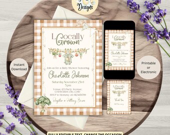 Locally Grown Baby Shower Invitation Template, Printable or Electronic Invite, Digital Download