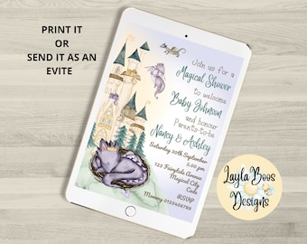 Invito per baby shower a tema drago viola: stampabile o in formato elettronico (download digitale)