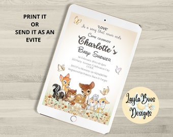 Bambi Baby Shower Invitation: Gender Neutral, Boho, Beige, Canva Template  (Digital Template)