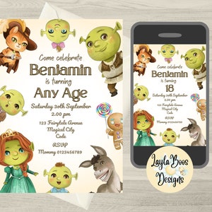 Shrek Birthday Invitation, Shrek Printable Invitation, Shrek Mobile Text Invite, Fairytale Shrek Family Invitation