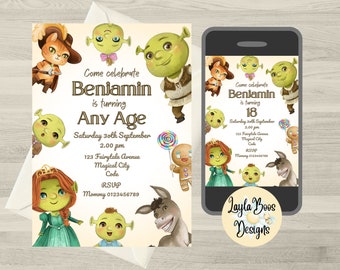 Shrek Birthday Invitation, Shrek Printable Invitation, Shrek Mobile Text Invite, Fairytale Shrek Family Invitation