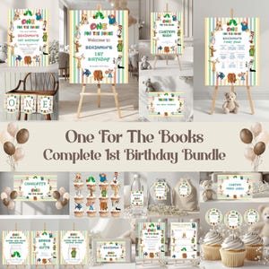 Puede incluir: Un conjunto completo de decoración para el primer cumpleaños con la temática One For The Books, con bordes de rayas coloridas e ilustraciones de varios personajes de cuentos. Incluye carteles, pancartas, adornos para cupcakes y etiquetas.