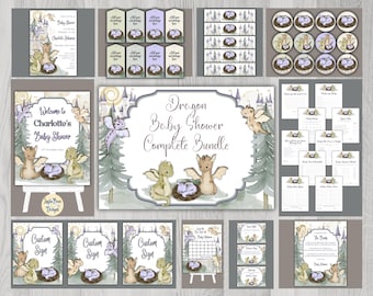 Mythical Dragon Baby Shower Bundle: Purple, Sage, Beige, Canva Templates, Decoration, Invitation  (Digital Download)