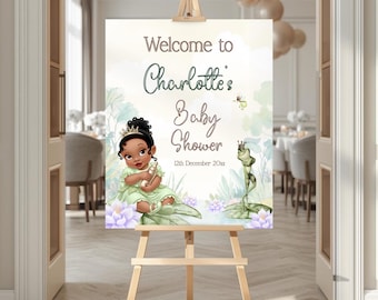 Watercolor Baby Tiana Welcome Sign, Princess and Frog Shower Decoration, Canva Template, Editable Download