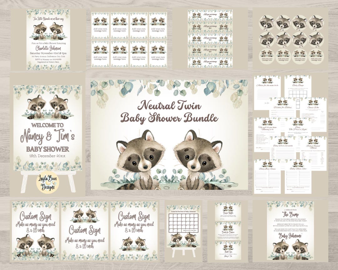 Twin Raccoons Twin Raccoon Baby Shower Bundle: Gender Neutral Woodland Theme (digital ...