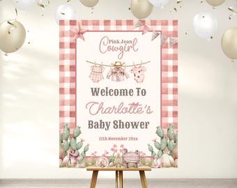 Szablon powitalny na baby shower dla dziewczynek z motywem kowbojki, różowy motyw westernu (szablon cyfrowy)