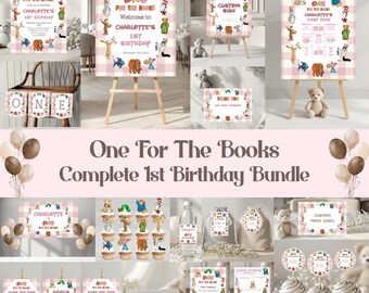 Pacchetto per il primo compleanno a tema personaggi delle fiabe, feste "One For The Books" per bambine (download digitale)