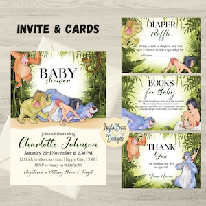 Pacchetto di invito per baby shower con libro della giungla, invito e biglietti per baby shower Mowgli, lotteria di pannolini, libri per bambini, biglietto di ringraziamento