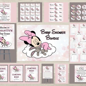 May include: A baby shower bundle featuring Minnie Mouse in pink and gray. The bundle includes invitations, welcome signs, cupcake toppers, games, and custom signs. The text includes "Baby Shower Bundle" and "Welcome to Charlotte's Baby Shower".