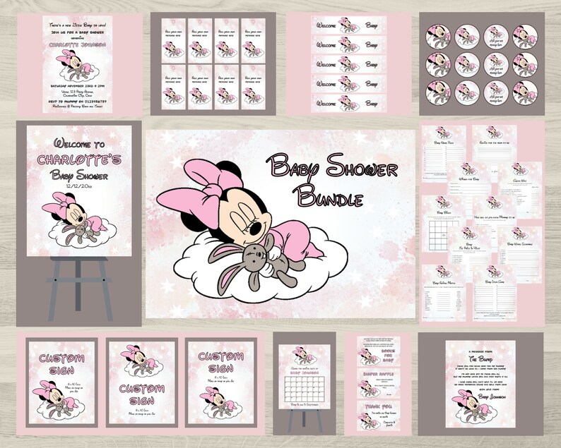 May include: A baby shower bundle featuring Minnie Mouse in pink and gray. The bundle includes invitations, welcome signs, cupcake toppers, games, and custom signs. The text includes "Baby Shower Bundle" and "Welcome to Charlotte's Baby Shower".