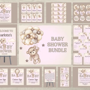 Girls Pink Bear With Balloons Baby Shower Bundle, Girls Bearly Wait Baby Shower Invitation Bundle, Teddy Bear Baby Shower