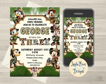 May include: An invitation for a child's birthday party featuring Disney characters in safari attire. The invitation includes the text "Calling all Goofy Friends, Join us to Celebrate George is Wild and Three". The date and time are also included.