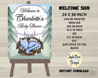 Boys Blue Dragon Baby Shower Welcome Sign, Dragon Welcome Sign, Baby Dragon Welcome, Editable Welcome Sign, Printable Dragon Baby Welcome