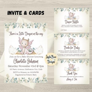 Paquete de invitaciones para baby shower de dragón rosa para niñas, baby shower de dragón, rifa de pañales, libros para bebé, tarjeta de agradecimiento, invitación de bebé dragón