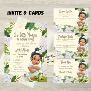 Baby Tiana Shower Invitation, Diaper Raffle, Books for Baby, Thank You Card, Tiana Baby Shower Invitation Bundle