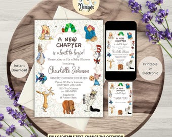 Invito per baby shower a tema "Un nuovo capitolo": invito ispirato alle fiabe, stampabile o elettronico (download digitale)