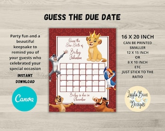Lion King Baby Shower Game: Guess the Due Date Keepsake (Digital Download)