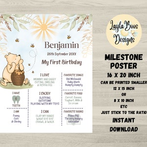 Winnie the Pooh 1st Birthday Milestone Poster (Digital Download)