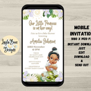 Princess Tiana Baby Shower Mobile Text Invitation, Princess and Frog Baby Shower Electronic Invite, Tiana Baby Shower Evite