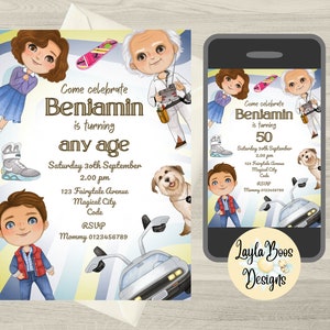 Puede incluir: Una invitación de cumpleaños con temática de Regreso al futuro con una imagen de dibujos animados de un niño y un hombre. La invitación dice "Ven a celebrar Benjamin que cumple any age años" e incluye detalles para una fiesta el 30 de septiembre. La invitación también incluye una imagen de dibujos animados de un DeLorean.