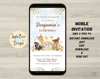 Blue Bambi 1st Birthday Invitation: Digital Text Invite
